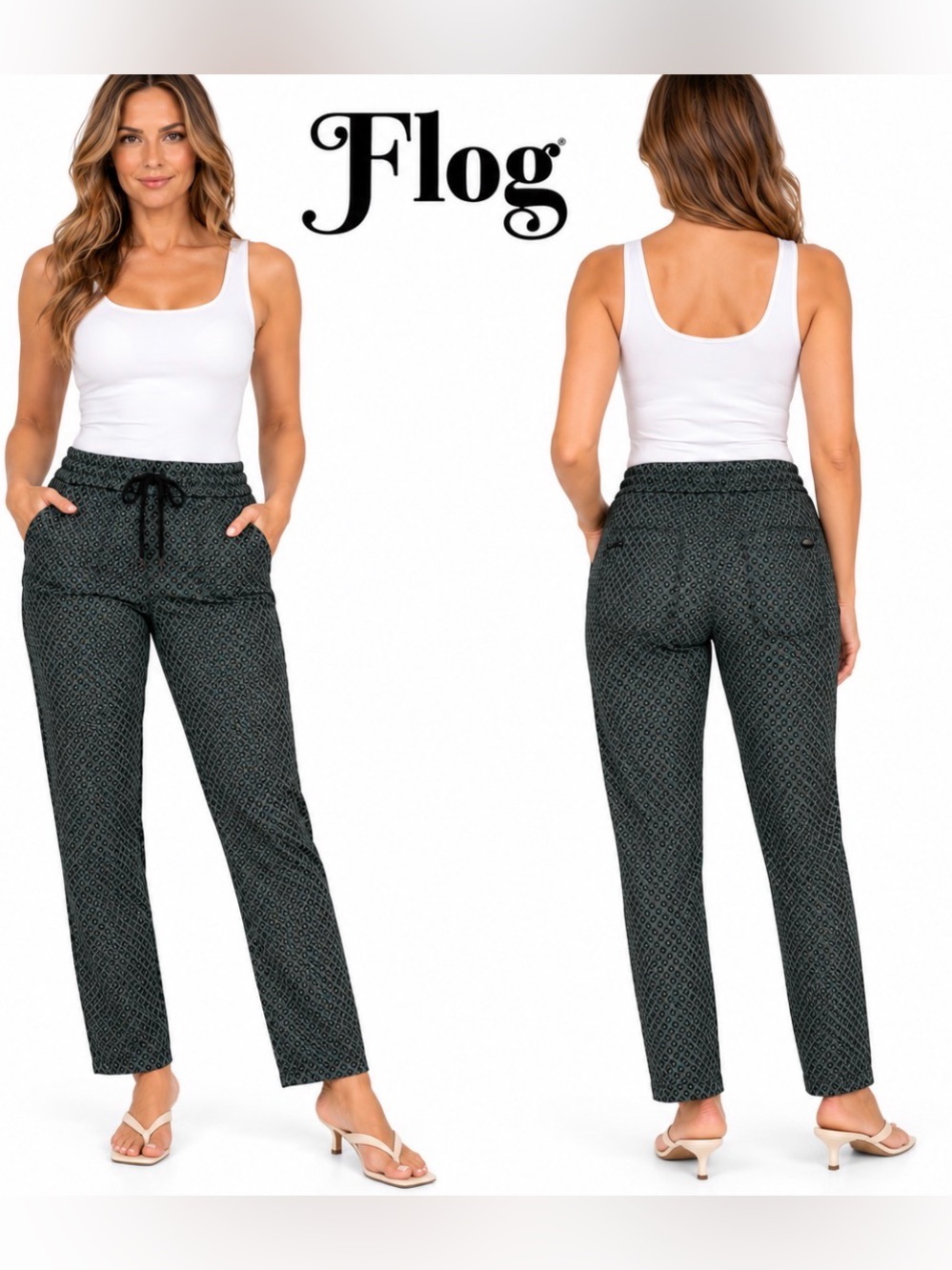 NWT Flog Pants Shely Black Diamond Olive Green Cotton Stretch Womens 30 Designer